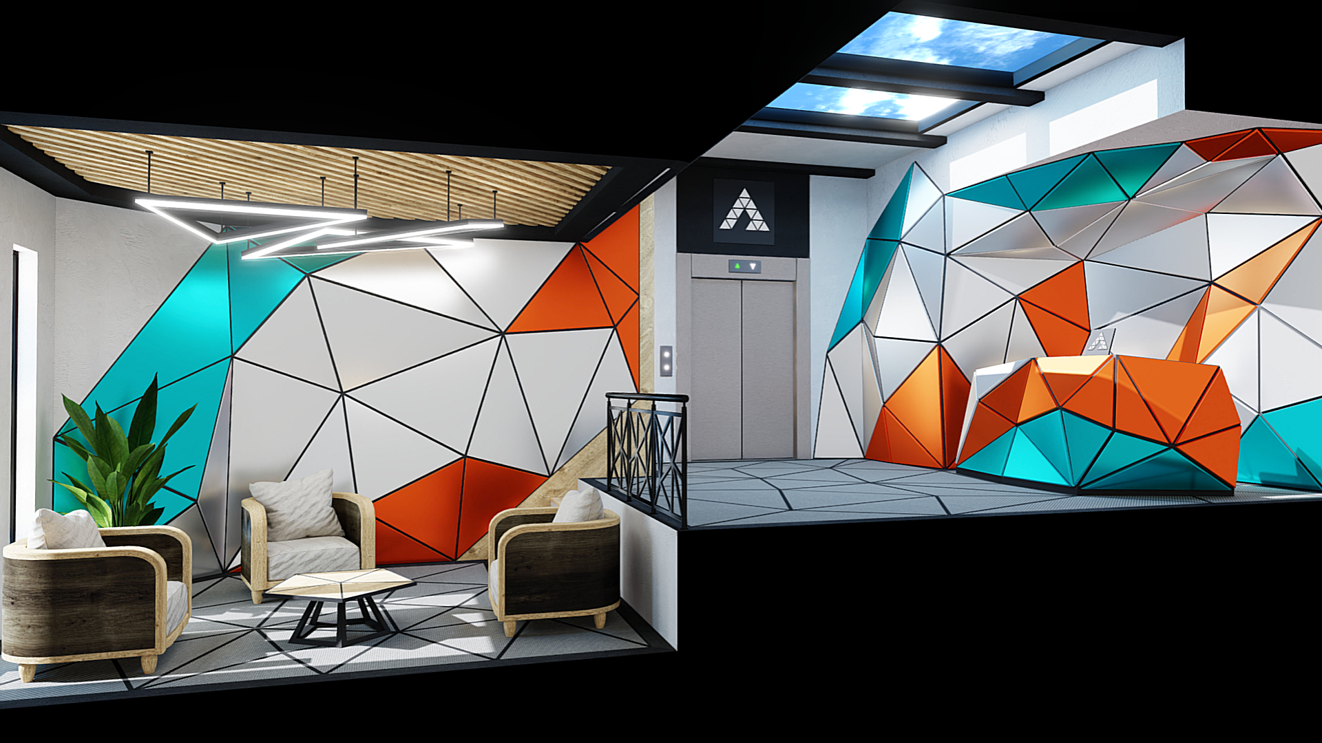 Split-level lobby and reception with geometric panelled walls and a skylight